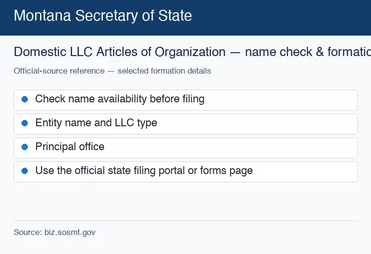Official Montana formation source reference for checking an LLC name and starting the filing process
