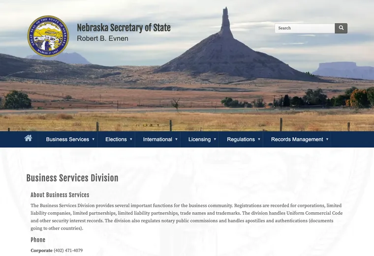 Official Nebraska business-record guidance showing how to review entity status, filings, or record details