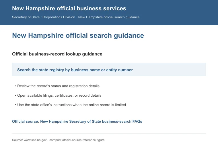 Official New Hampshire business-record guidance showing how to review entity status, filings, or record details