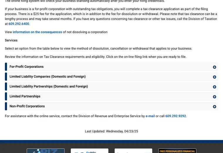 Official New Jersey LLC dissolution source reference for the filing form or instructions