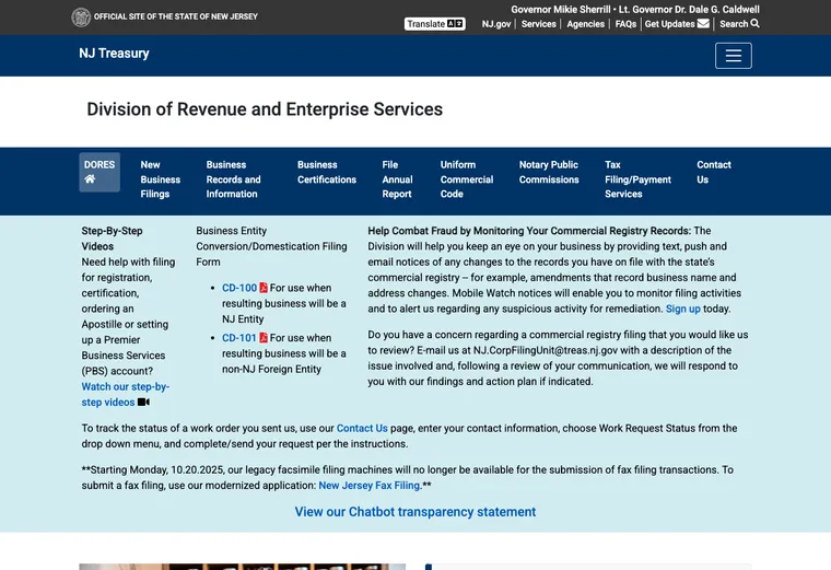 Official New Jersey business-record guidance showing how to review entity status, filings, or record details