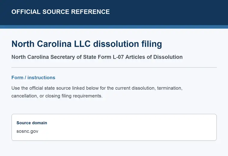 Official North Carolina LLC dissolution source reference for the filing form or instructions