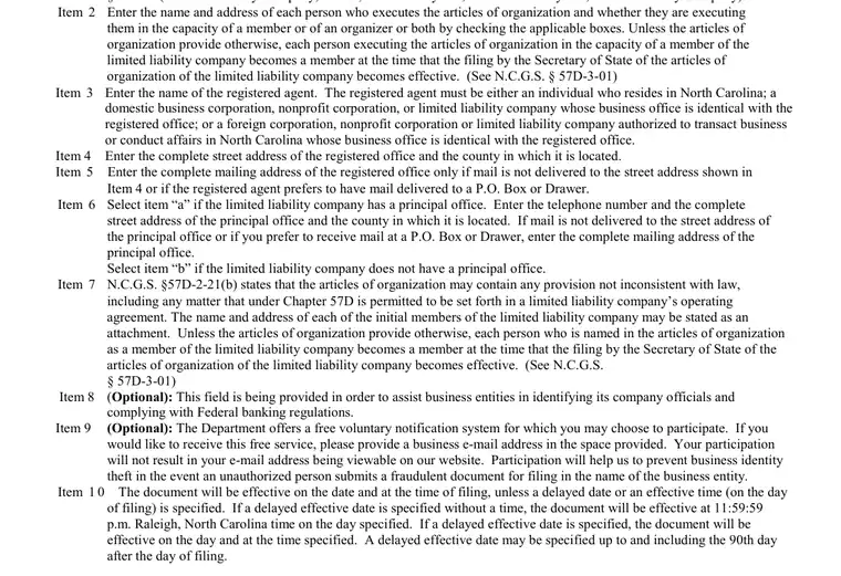 Official North Carolina LLC formation form showing the LLC name and filing details