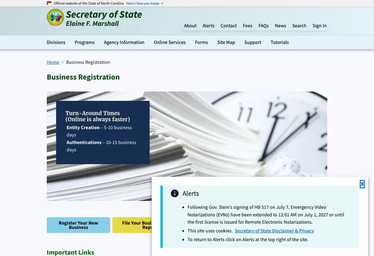 Official North Carolina business entity search interface for looking up an LLC by name or identification number
