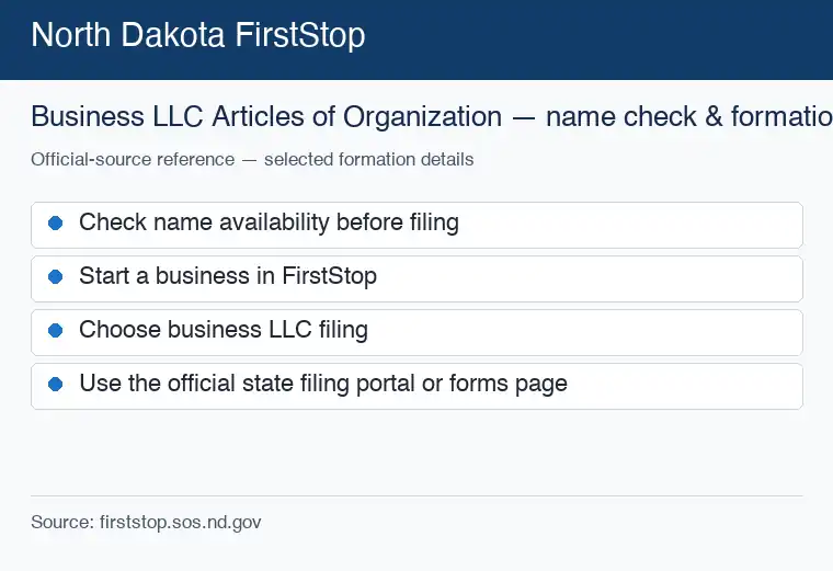Official North Dakota formation source reference for checking an LLC name and starting the filing process