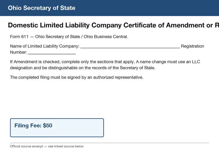 Official Ohio Form 611 wording showing the LLC name field and name-change filing requirements
