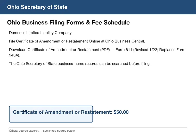 Official Ohio filing-forms page showing online filing and the $50 Form 611 fee