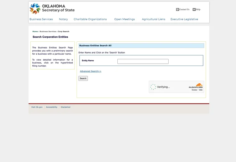 Official Oklahoma business entity search interface for looking up an LLC by name or identification number