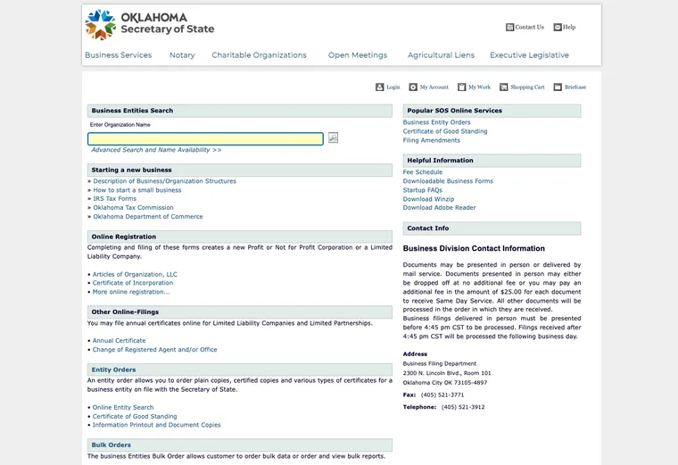 Official Oklahoma business-record guidance showing how to review entity status, filings, or record details