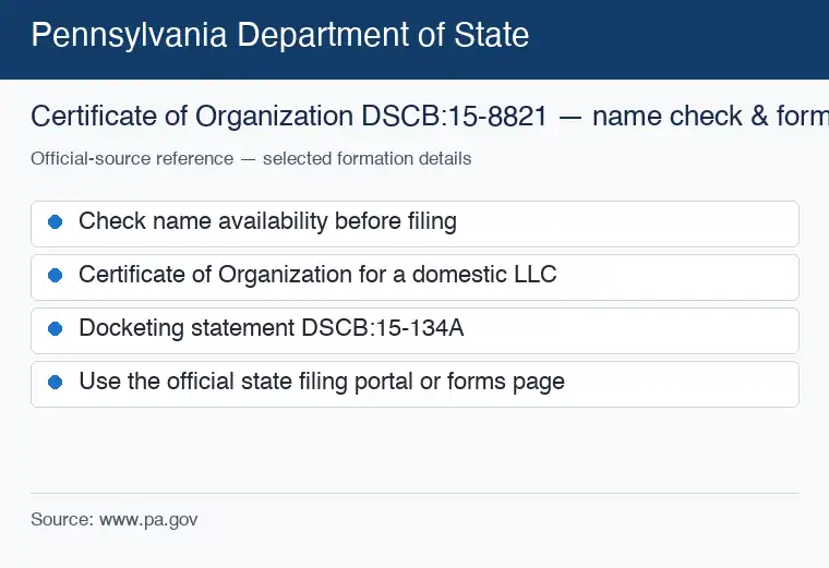 Official Pennsylvania formation source reference for checking an LLC name and starting the filing process