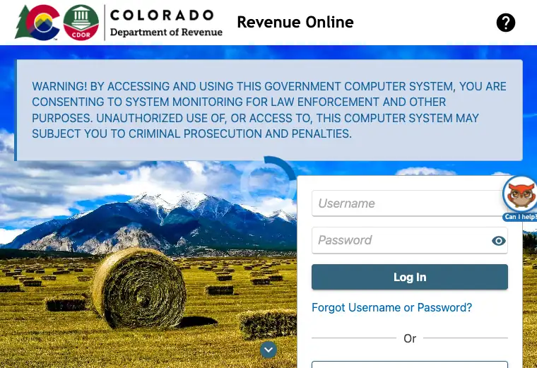 Official Colorado business tax filing and payment portal showing state tax account and submission services