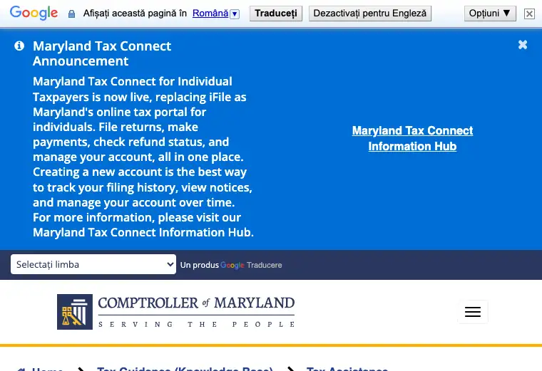Official Maryland business tax filing and payment portal showing state tax account and submission services