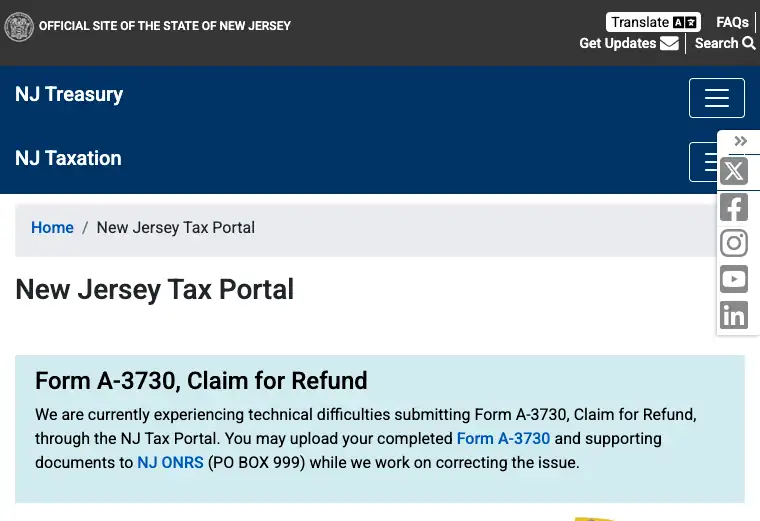 Official New Jersey business tax filing and payment portal showing state tax account and submission services