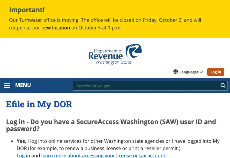 Official Washington business tax filing and payment portal showing state tax account and submission services
