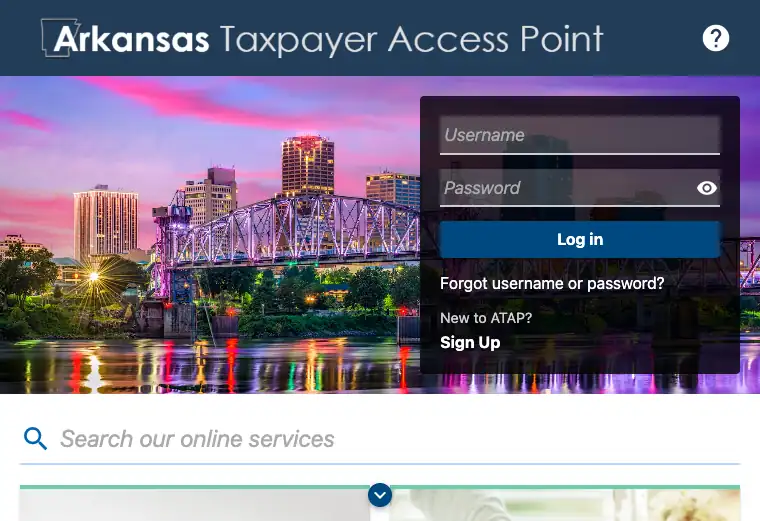 Official Arkansas business tax filing and payment portal showing state tax account and submission services