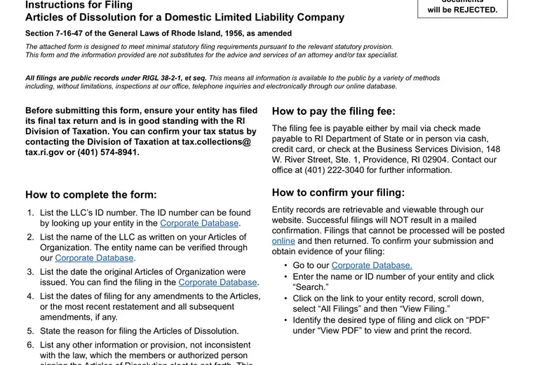 Official Rhode Island LLC dissolution source reference for the filing form or instructions