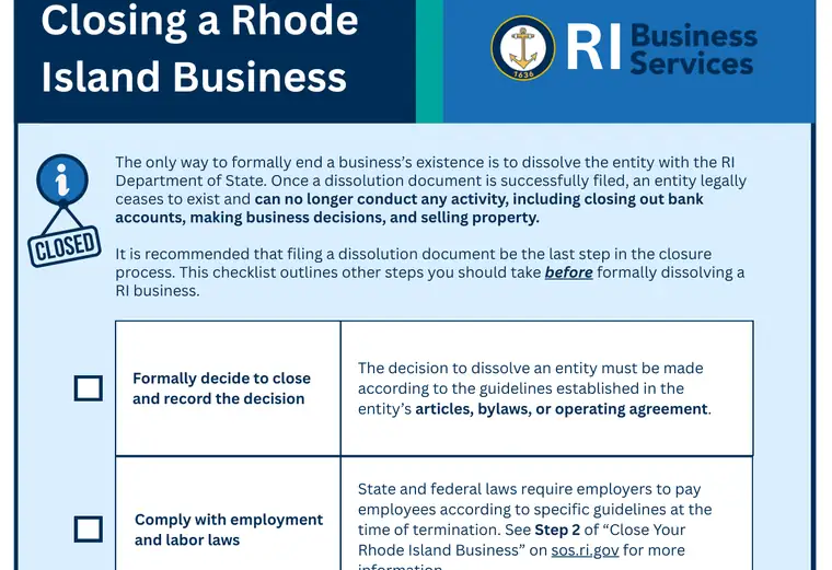 Official Rhode Island LLC dissolution source reference for the filing process and requirements