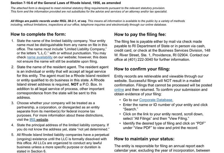 Official Rhode Island LLC formation form showing the LLC name and filing details
