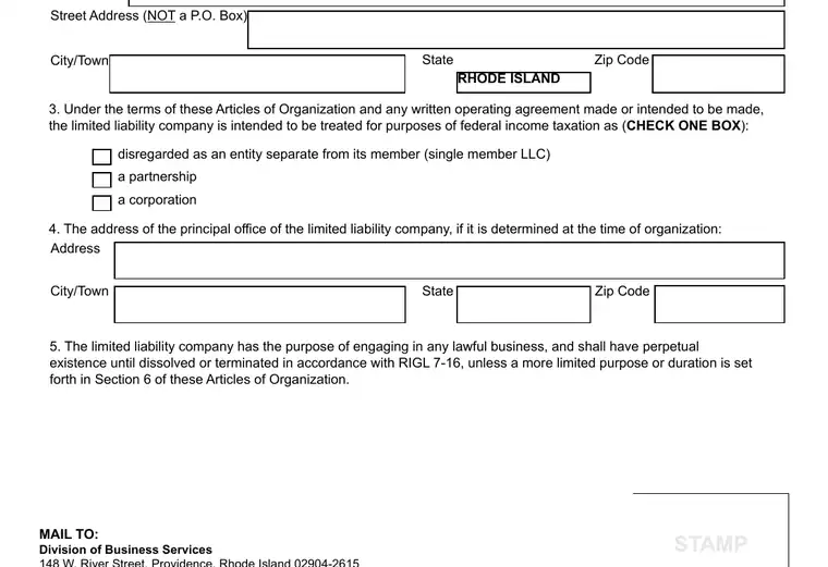 Official Rhode Island LLC formation form showing registered-agent, organizer, and submission details