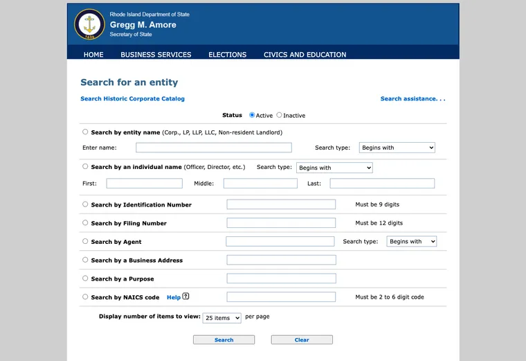Official Rhode Island business entity search interface for looking up an LLC by name or identification number