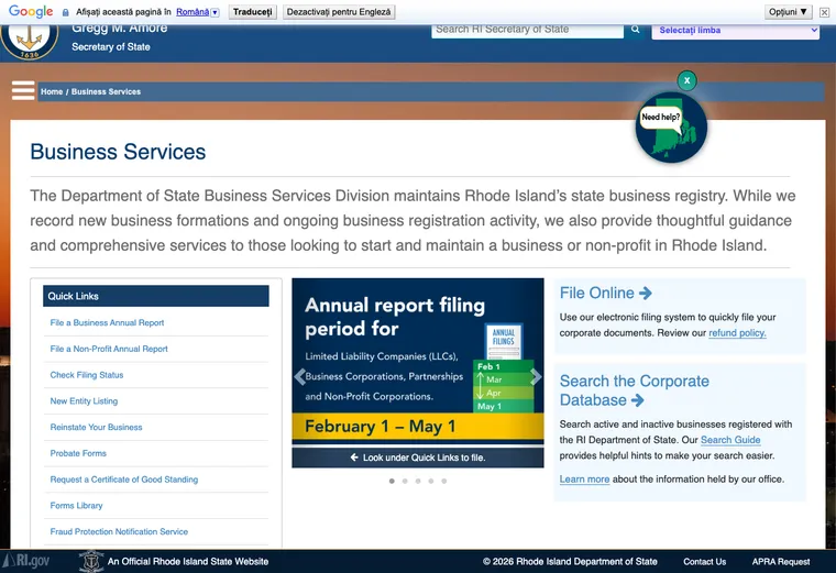Official Rhode Island business-record guidance showing how to review entity status, filings, or record details