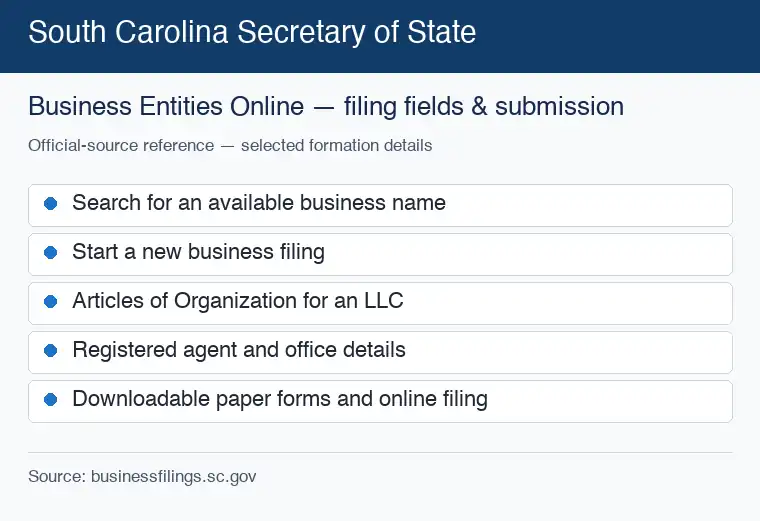 Official South Carolina formation source reference for LLC filing requirements and submission
