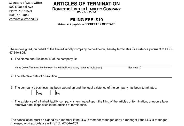 Official South Dakota LLC dissolution source reference for the filing form or instructions
