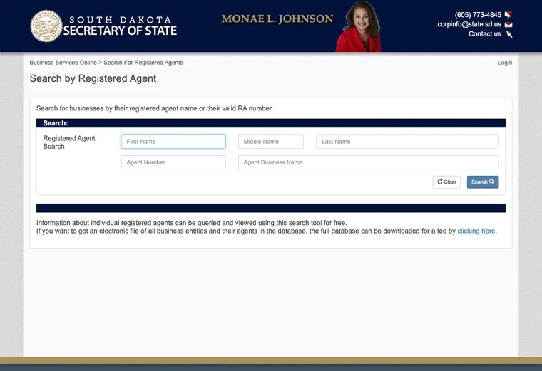 Official South Dakota business-record guidance showing how to review entity status, filings, or record details