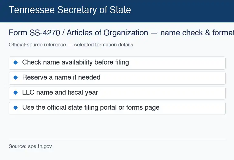 Official Tennessee formation source reference for checking an LLC name and starting the filing process