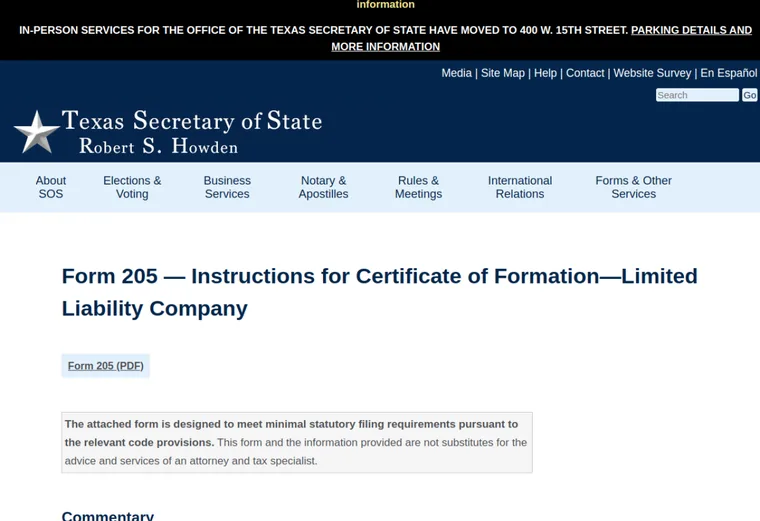 Official Texas LLC source showing formation filing requirements and submission details