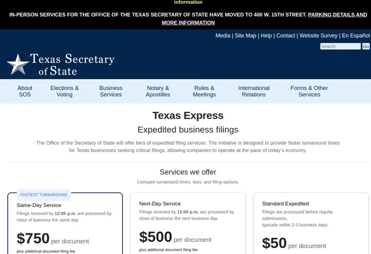 Official Texas LLC source showing processing times and expedited filing options