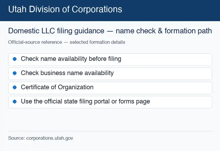 Official Utah formation source reference for checking an LLC name and starting the filing process