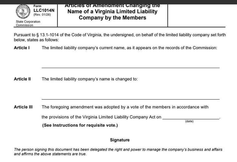 Official Virginia LLC1014N form showing the current and changed-to LLC name fields