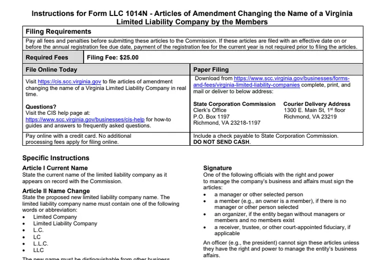 Official Virginia LLC1014N instructions showing name availability requirements and the $25 fee