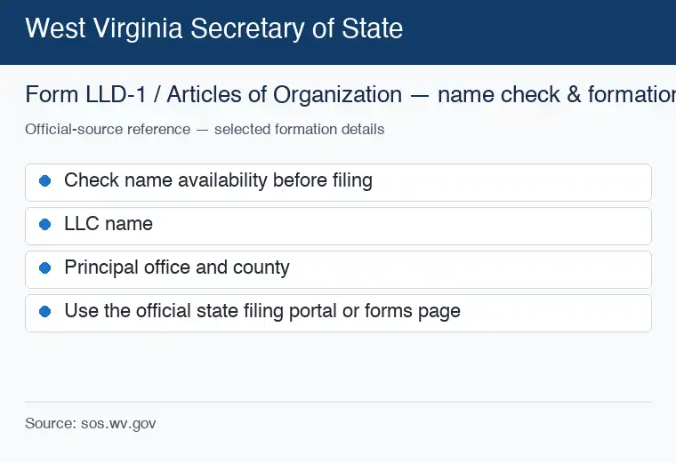 Official West Virginia formation source reference for checking an LLC name and starting the filing process