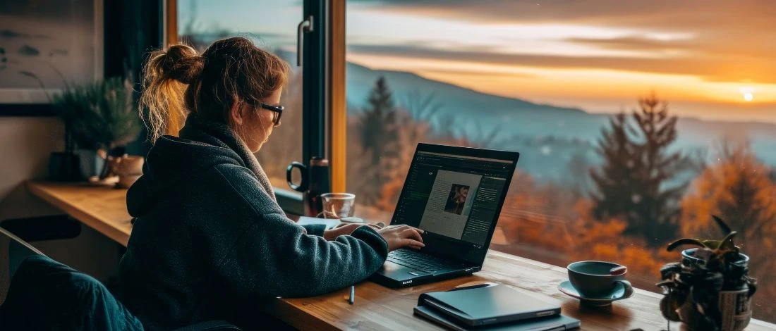 A woman working remotely at home