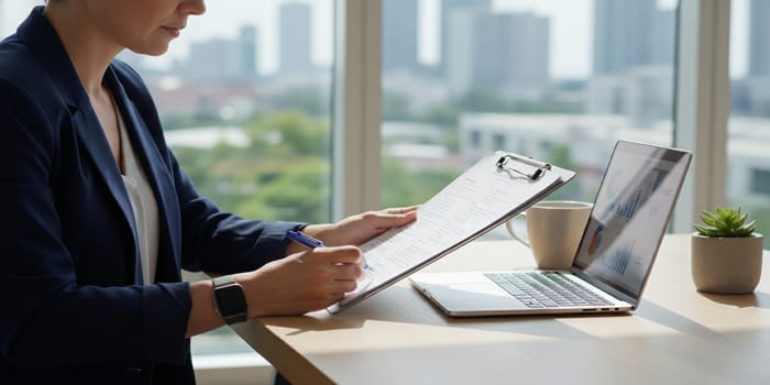 a business person looking at a checklist on a clipboard
