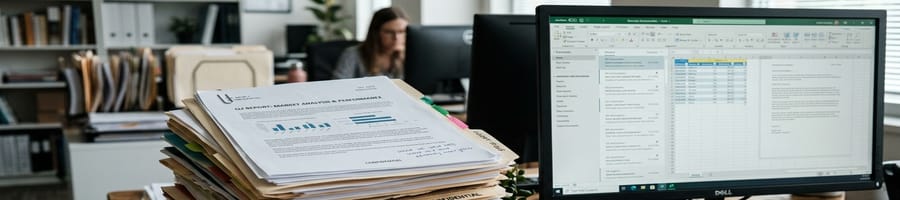 files stacked near computer