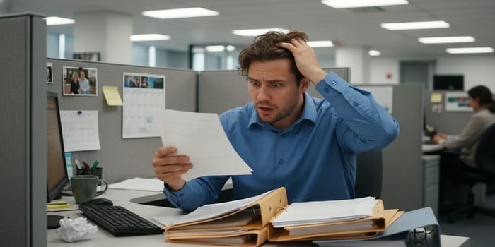 a frustrated guy looking at a piece of paper