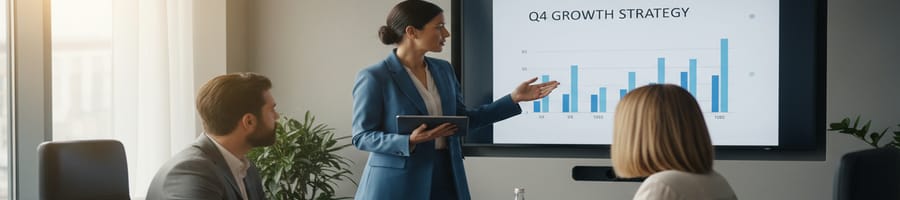 a woman presenting while two colleagues listen during a meeting