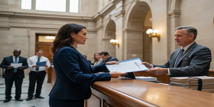 a woman submitting files in a government agency