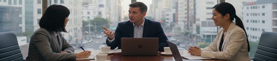 three people in a meeting room, discussing business