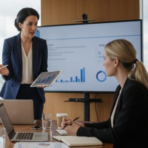 two woman discussing on a meeting