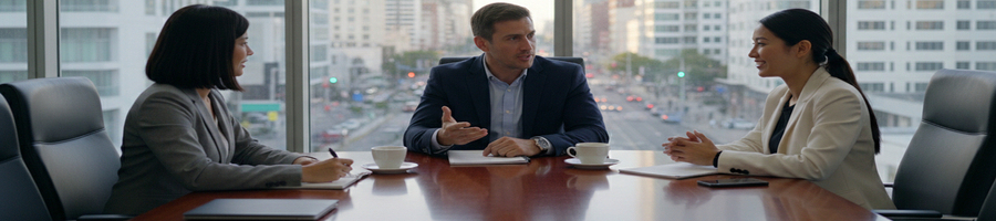 three people talking in a meeting