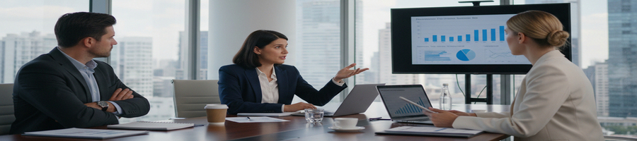 three people discussing business