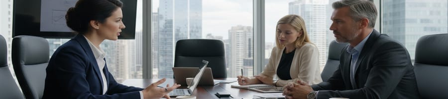 three people discussing business matters in a meeting room