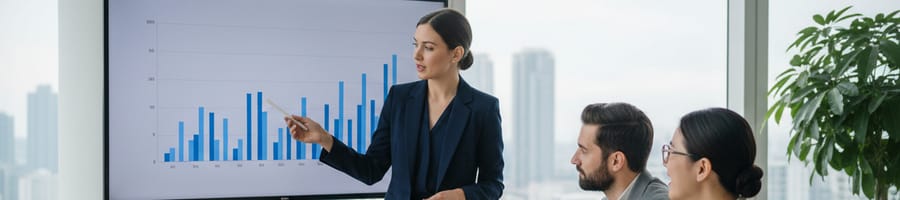 a woman presenting data during meeting while two colleagues watch