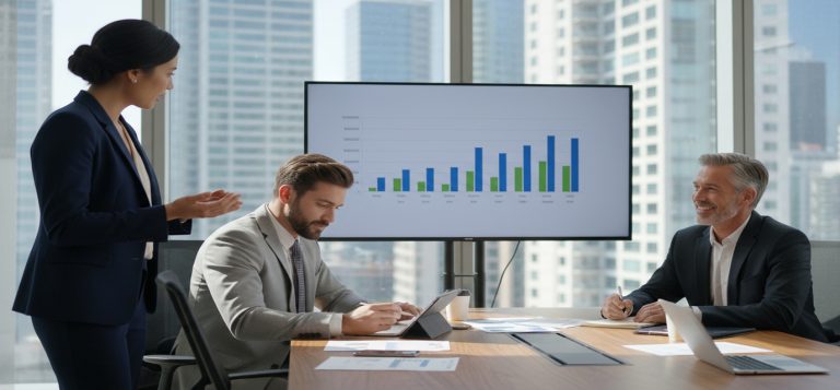3 people discussing at a business meeting