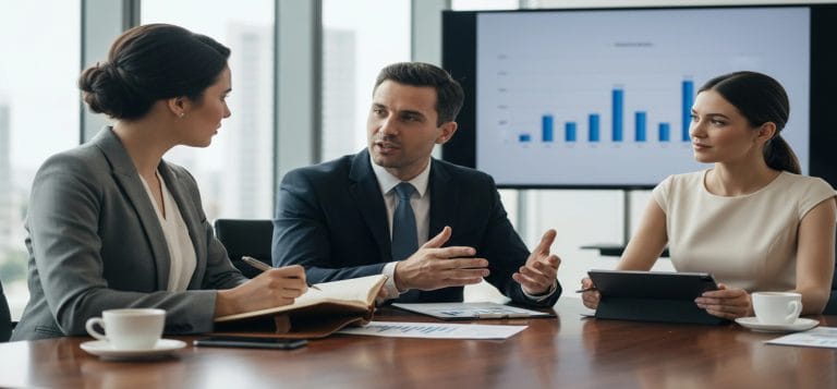 two people talking and one is talking notes in a meeting