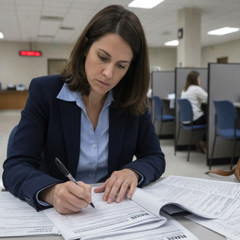 a woman filling out forms in the IRS